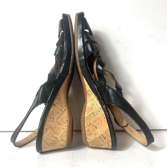 Spring Step Sandals Black Leather Cork Heel Sling Back Women Sz EU 42 US 11.5-12 - Picture 5 of 11